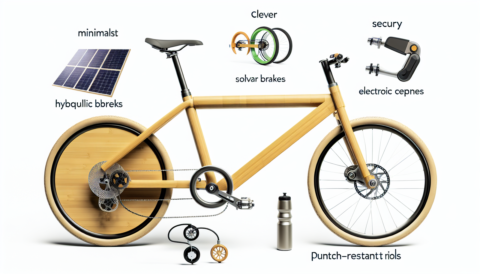 Entwickeln Sie ein minimalistisches, cleveres und sicheres Transportmittel, das auch umweltfreundlich ist. Es k&Atilde;&para;nnte ein Fahrrad aus Bambus sein, ausgestattet mit intelligenten hydraulischen Scheibenbremsen f&Atilde;&frac14;r Sicherheit, Solarpanels zur Stromversorgung elektronischer Komponenten und einem kompakten Design, das eine einfache Tragbarkeit erm&Atilde;&para;glicht. Es k&Atilde;&para;nnte auch ein innovatives Schlossystem integriert in den Rahmen f&Atilde;&frac14;r Sicherheit haben, eine aerodynamische Form f&Atilde;&frac14;r effiziente Fortbewegung und pannensichere Reifen f&Atilde;&frac14;r Langlebigkeit. Zudem sollte Platz f&Atilde;&frac14;r eine wiederverwendbare Wasserflasche vorhanden sein, um das Engagement f&Atilde;&frac14;r Nachhaltigkeit zu verdeutlichen.