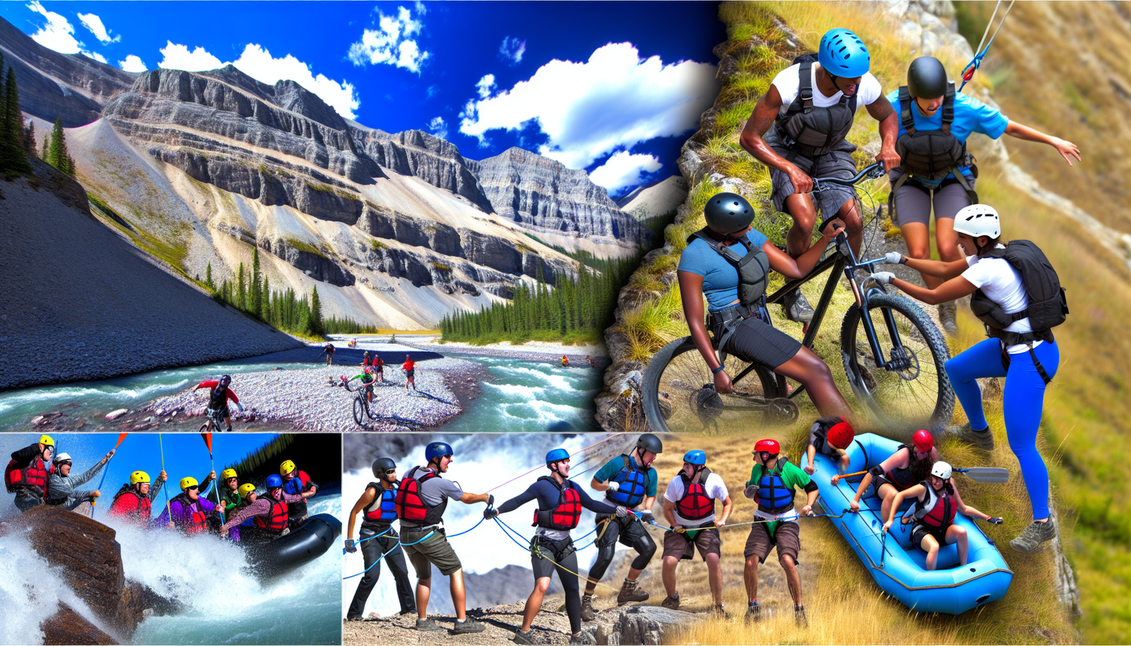 Begeisterung und Abenteuer - Ein adrenalingeladenes Abenteuer für Nervenkitzel-Suchende in Nordamerika. Stellen Sie sich die Landschaft eines rauen Gebirges vor, vielleicht in den Rocky Mountains, unter einem klaren, lebhaften blauen Himmel. Eine Gruppe, bestehend aus einer vielfältigen Mischung von Männern und Frauen, kaukasischer, hispanischer, schwarzer, nahöstlicher, südasiatischer und ostasiatischer Abstammung, mit einer breiten Palette von Körpertypen, alle in Sicherheitsausrüstung gekleidet und in verschiedenen aufregenden Aktivitäten engagiert. Einige fahren mit dem Mountainbike steile Wege hinunter, andere seilen sich von Klippen ab, während einige andere im Wildwasserrafting in einem schnell fließenden Fluss unterwegs sind.