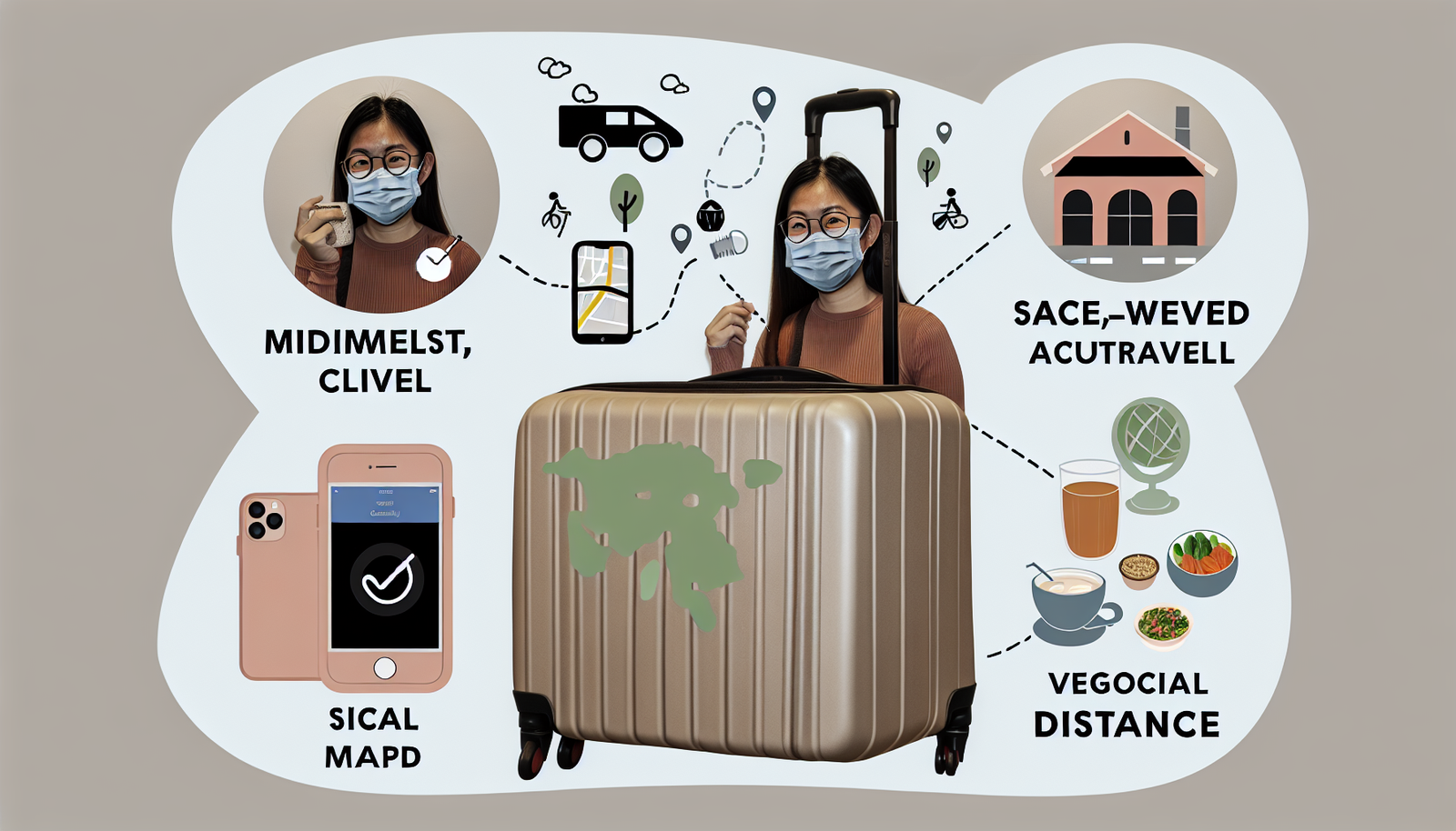 Ein minimalistisches, cleveres, sicheres und umweltfreundliches Reiseszenario, das eine asiatische Frau zeigt, die mit einem ordentlich gepackten, leichten Koffer unterwegs ist. Sie nutzt digitale Karten auf ihrem Smartphone zur Navigation, &Atilde;&frac14;bernachtet in lokal gef&Atilde;&frac14;hrten Unterk&Atilde;&frac14;nften, verwendet &Atilde;&para;ffentliche Verkehrsmittel und genie&Atilde;Ÿt lokale vegetarische Speisen. Die Frau demonstriert sicheres Reiseverhalten, indem sie eine Gesichtsmaske tr&Atilde;&curren;gt, Handdesinfektionsmittel verwendet und Abstand zu anderen Menschen h&Atilde;&curren;lt. Die gesamte Umgebung betont Nachhaltigkeit und verantwortungsbewusste Reisepraxis.