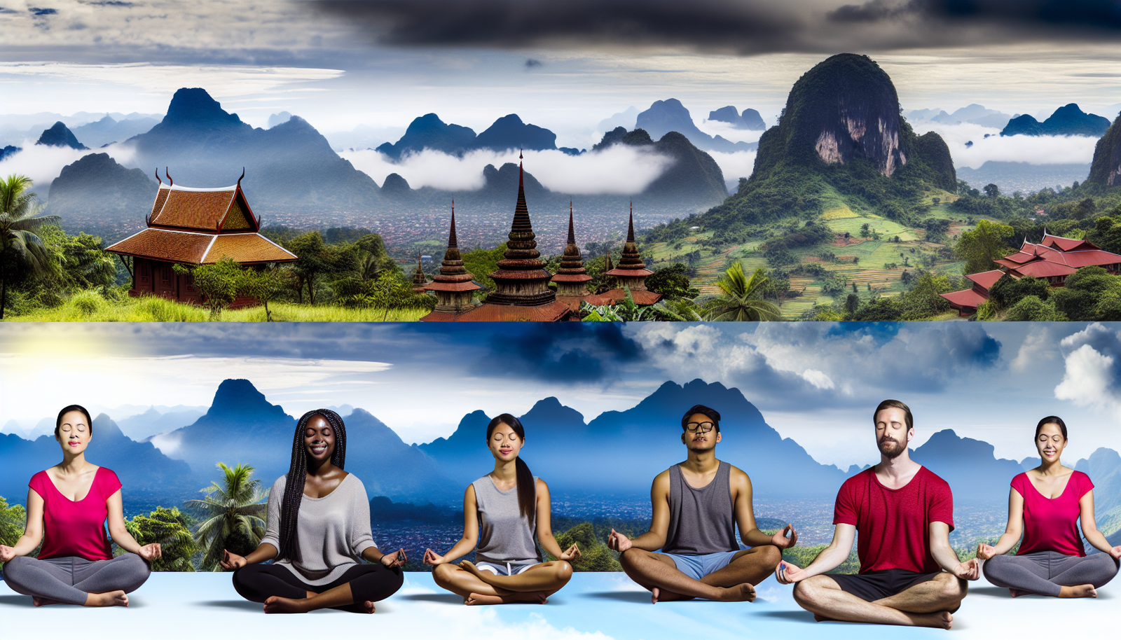 Ein spirituelles Retreat in Asien, das die Entspannung von Geist und K&Atilde;&para;rper darstellt. Es zeigt eine friedliche Landschaft voller &Atilde;&frac14;ppiger, gr&Atilde;&frac14;ner Vegetation, durchzogen von traditionellen asiatischen Tempeln. Panoramablicke enth&Atilde;&frac14;llen Gipfel, die von nebligen Wolken umh&Atilde;&frac14;llt sind. Eine Gruppe von Menschen unterschiedlicher Abstammung, darunter Schwarze, Hispanics, Menschen aus dem Nahen Osten und S&Atilde;&frac14;dasien, wird friedlich beim Meditieren dargestellt. Sie sitzen im Schneidersitz mit geschlossenen Augen und sind tief in die Ruhe der Umgebung vertieft. Das Bild sollte ein Gef&Atilde;&frac14;hl von Frieden und spiritueller Verbundenheit ausstrahlen und das Wesen eines erholsamen Retreats einfangen.