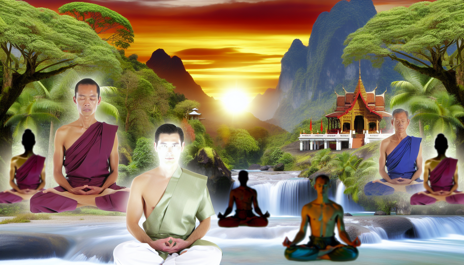Eine Szene eines spirituellen R&Atilde;&frac14;ckzugs in einer asiatischen Landschaft. Die Umgebung ist friedlich und ruhig, wo Menschen unterschiedlicher Abstammung in traditioneller Kleidung meditieren. Der Hintergrund ist &Atilde;&frac14;ppig mit lebhaften tropischen B&Atilde;&curren;umen, beruhigenden Wasserf&Atilde;&curren;llen und einem alten Tempel, der in den Bergen eingebettet ist. Dieser Ort bietet Entspannung und Harmonie f&Atilde;&frac14;r K&Atilde;&para;rper und Geist. Die untergehende Sonne verleiht der Szenerie einen sanften warmen Glanz, der Frieden und Zen ausstrahlt. Dies ist ein Heiligtum f&Atilde;&frac14;r spirituelle Erneuerung und mentale Ruhe.
