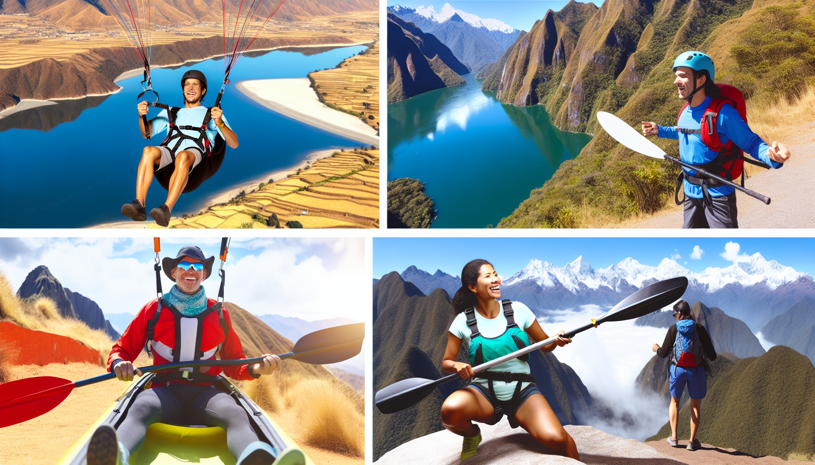 Belebende Outdoor-Aktivit&Atilde;&curren;ten aus S&Atilde;&frac14;damerika. Das Bild zeigt mehrere dieser Aktivit&Atilde;&curren;ten, wie einen Mann hispanischer Abstammung, der &Atilde;&frac14;ber die Andenlandschaften paraglidet, eine Frau afrikanischer Abstammung, die in den patagonischen Gebieten klettert, einen kaukasischen Mann, der im Amazonasfluss Kajak f&Atilde;&curren;hrt, und eine asiatische Frau, die den Machu Picchu hinaufwandert. Alle Charaktere tragen sportliche, abenteuergeeignete Ausr&Atilde;&frac14;stung, umgeben von panoramischen Ausblicken auf die jeweiligen Landschaften, die die weitreichenden und vielf&Atilde;&curren;ltigen geologischen Merkmale des Kontinents f&Atilde;&frac14;r Adrenalinjunkies anzeigen.