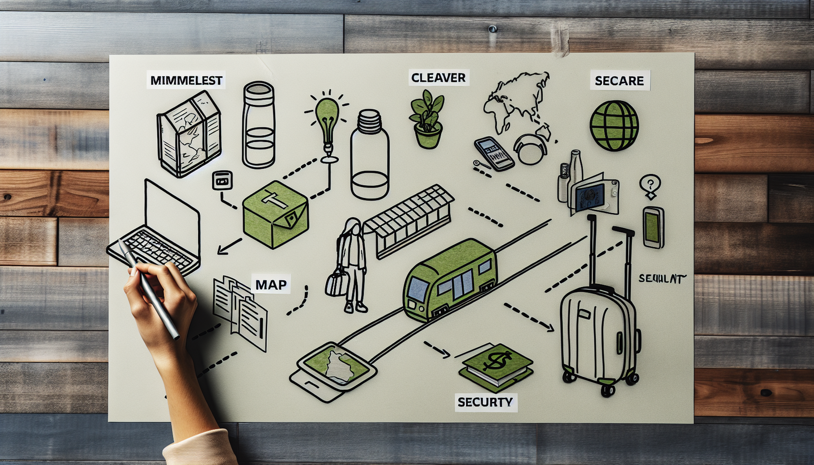 Eine Darstellung von minimalistischem, cleverem, sicherem und nachhaltigem Reisen. Eine Szene mit einem alleinreisenden Reisenden, der &Atilde;&para;ffentliche Verkehrsmittel wie Z&Atilde;&frac14;ge und Busse nutzt und auf umweltfreundliche Optionen wie wiederverwendbare Wasserflaschen, ein kompaktes Solarladeger&Atilde;&curren;t f&Atilde;&frac14;r Ger&Atilde;&curren;te und leichtes, multifunktionales Gep&Atilde;&curren;ck setzt. Der Reisende verl&Atilde;&curren;sst sich auf Papierkarten und digitale Apps zur Navigation, was cleveres Planen widerspiegelt. Sicherheit umfasst die Verwendung von Schl&Atilde;&para;ssern an Gep&Atilde;&curren;ckst&Atilde;&frac14;cken, den Abschluss einer Reiseversicherung und das Bewusstsein f&Atilde;&frac14;r die Umgebung. Die gesamte Atmosph&Atilde;&curren;re ist ruhig, umweltfreundlich und inspirierend und f&Atilde;&curren;ngt das Wesen des nachhaltigen Reisens ein.