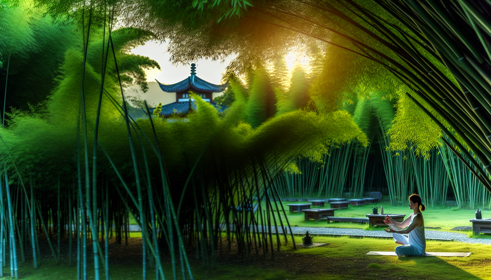 Ein spirituelles Retreat in Asien, das sowohl K&Atilde;&para;rper als auch Geist erneuert. Das Bild zeigt eine ruhige Au&Atilde;Ÿenszene, wahrscheinlich in einem &Atilde;&frac14;ppigen Bambushain. Im Vordergrund befindet sich eine Person ostasiatischer Abstammung, die m&Atilde;&para;glicherweise eine Yoga-Position einnimmt oder meditiert, um Ruhe und Balance zu finden. Sie ist umgeben von den beruhigenden Gr&Atilde;&frac14;nt&Atilde;&para;nen der eleganten Bambusb&Atilde;&curren;ume, die sanft im Hintergrund wiegen, beleuchtet vom sanften Licht der untergehenden Sonne. In der Ferne ist eine Pagodenstruktur sichtbar, und das harmonische Lied der Zikaden liegt in der Luft und verst&Atilde;&curren;rkt die Ruhe dieses spirituellen Retreats.