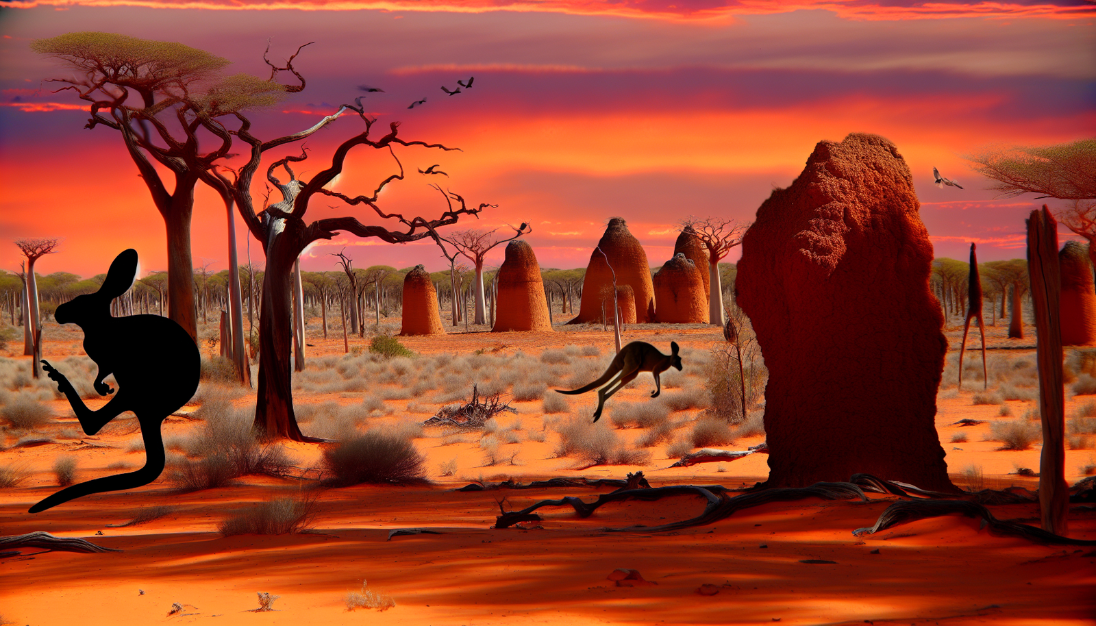 Abenteuer in der Wildnis – faszinierende Outback-Erlebnisse in Australien. Stellen Sie sich eine atemberaubende Wüstenlandschaft vor, mit Flecken spärlicher Vegetation, einem orange-roten Sonnenuntergang, der ein Känguru in der Ferne silhouettiert. Im Vordergrund dominieren riesige Termitenhügel, die so hoch wie ein Mensch sind, und uralte Baobab-Bäume sind markante Merkmale. Fügen Sie ein paar neugierige Kakadus hinzu, die von einem Ast aus hervorschauen und die Stille mit ihren ikonischen Rufen füllen. Das Gefühl von Weite und Einsamkeit ist überwältigend, aber auf eine Weise, die Sie tief mit der Natur verbindet.