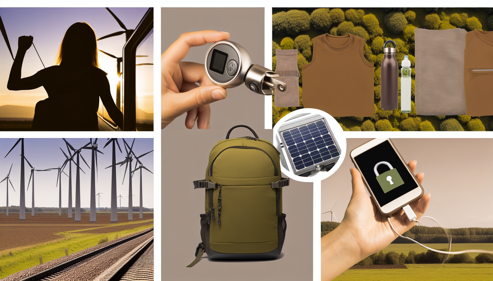 Stellen Sie sich ein Szenario vor, das minimalistisches, cleveres, sicheres und nachhaltiges Reisen repr&Atilde;&curren;sentiert. Visualisieren Sie einen kompakten Rucksack, der mit den wichtigsten Dingen gef&Atilde;&frac14;llt ist, wie kompakten Kleidungsst&Atilde;&frac14;cken, einer wiederverwendbaren Wasserflasche, Reisegr&Atilde;&para;&Atilde;Ÿen von Toilettenartikeln und einem stabilen Vorh&Atilde;&curren;ngeschloss f&Atilde;&frac14;r die Sicherheit. Im Vordergrund sehen Sie vielleicht einen Reisenden, der ein solarbetriebenes Ladeger&Atilde;&curren;t f&Atilde;&frac14;r sein Handy verwendet. Das Thema sind Erdt&Atilde;&para;ne, die Nachhaltigkeit und eine Verbindung zur Natur symbolisieren. All diese Elemente existieren innerhalb eines effizienten &Atilde;&para;ffentlichen Verkehrssystems &acirc;€“ vielleicht ein Zug, der durch eine ruhige Landschaft mit Windkraftanlagen f&Atilde;&curren;hrt, die erneuerbare Energie und nachhaltiges Reisen symbolisieren.