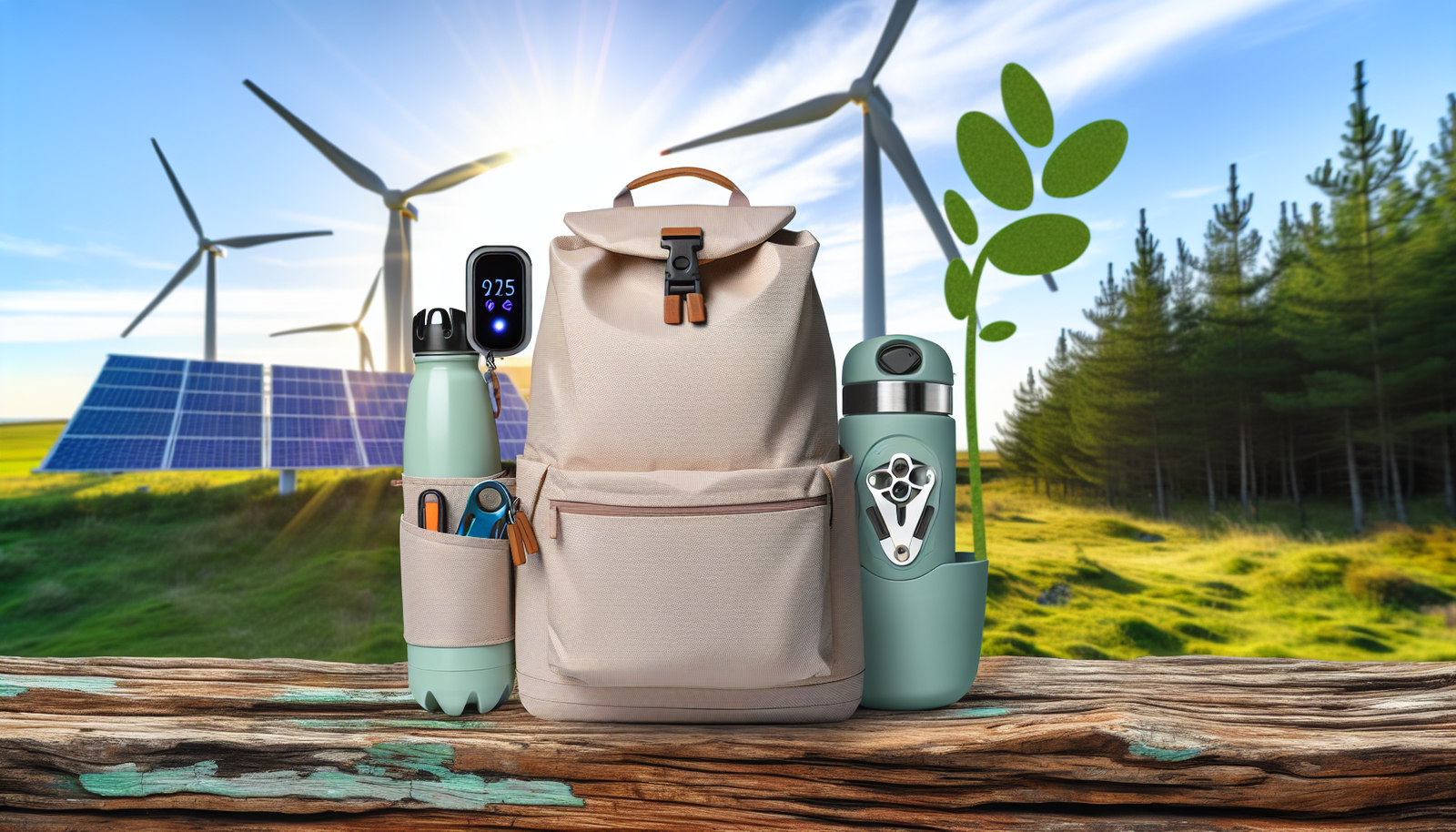Ein minimalistisches, cleveres, sicheres und nachhaltiges Reisebild. Die Szene zeigt einen leichten Rucksack, der nur die wesentlichen Dinge enth&Atilde;&curren;lt, und ist in einer von Natur umgebenen Umgebung platziert. Der Rucksack k&Atilde;&para;nnte eine wiederverwendbare Wasserflasche und kompakte Multifunktionswerkzeuge enthalten, die cleveres Reisen symbolisieren. Ein biometrisches Schloss am Rucksack steht f&Atilde;&frac14;r Sicherheit. Im Hintergrund sind erneuerbare Energiequellen wie Windm&Atilde;&frac14;hlen oder Solarpanels zu sehen, die das Konzept des nachhaltigen Reisens repr&Atilde;&curren;sentieren. Die Farben sind nat&Atilde;&frac14;rlich und beruhigend und schaffen ein Gef&Atilde;&frac14;hl von Frieden und Harmonie mit der Mutter Natur.
