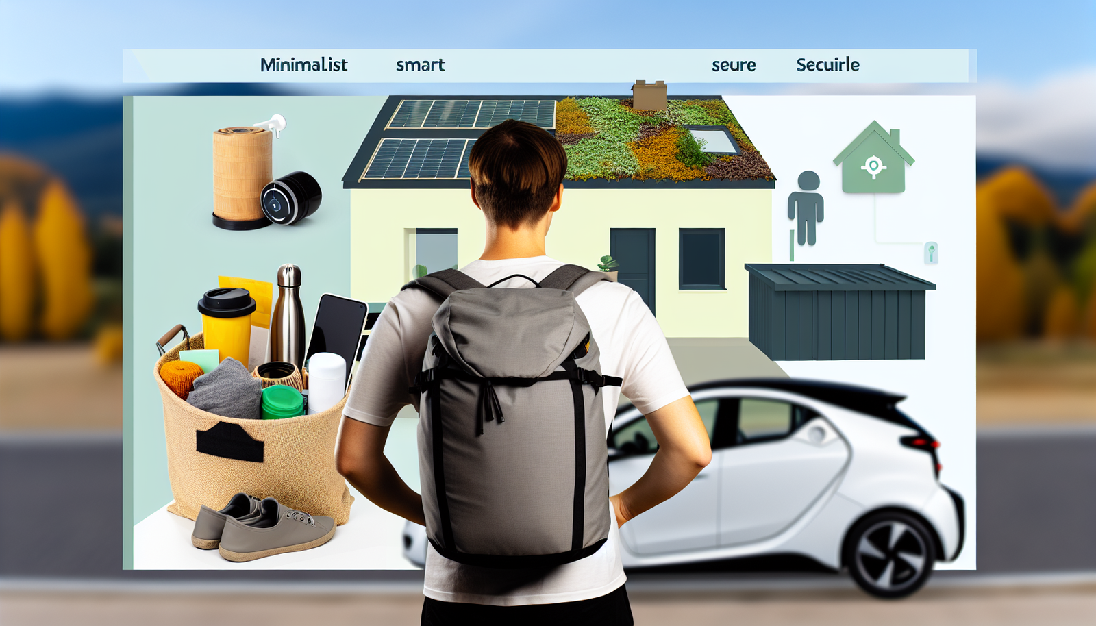 Eine minimalistische, smarte, sichere und nachhaltige Reiseszene. Der zentrale Fokus liegt auf einer Person, die einen minimalistischen Rucksack mit notwendigen Gegenst&Atilde;&curren;nden wie Kleidung, Toilettenartikeln und einer wiederverwendbaren Wasserflasche packt. Hinter der Person sind Anzeichen eines ordentlichen, umweltfreundlichen Wohnraums zu sehen, mit Solarpanelen auf dem Dach und einem Kompostbeh&Atilde;&curren;lter im Garten. In der Ferne steht ein Elektrofahrzeug, das aufgeladen und bereit f&Atilde;&frac14;r einen Roadtrip ist. Die Person ist mit digitalen Karten und Sicherheitsutensilien ausgestattet, die auf smarte und sichere Reisemethoden hinweisen.