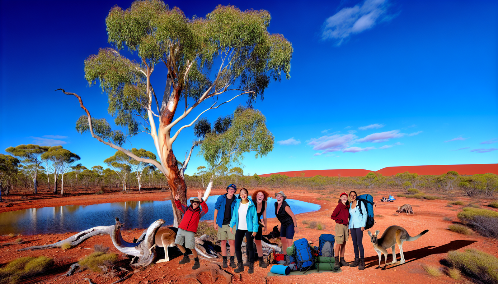 Ein aufregendes Abenteuer in der Wildnis des faszinierenden Outbacks Australiens. Stellen Sie sich eine Szene mit dem rauen roten W&Atilde;&frac14;stenhorizont unter dem weiten azurblauen Himmel vor. Einheimische australische Tierwelt, wie K&Atilde;&curren;ngurus und Dingos, sind im Vordergrund. Eine Gruppe von aufgeregten Entdeckern unterschiedlichen Geschlechts und verschiedener Abstammung baut ihr Lager in der N&Atilde;&curren;he eines Billabongs im Schatten eines hoch aufragenden Eukalyptusbaums auf. Ihre L&Atilde;&curren;cheln spiegeln den abenteuerlichen Geist dieser unber&Atilde;&frac14;hrten Wildnis wider.