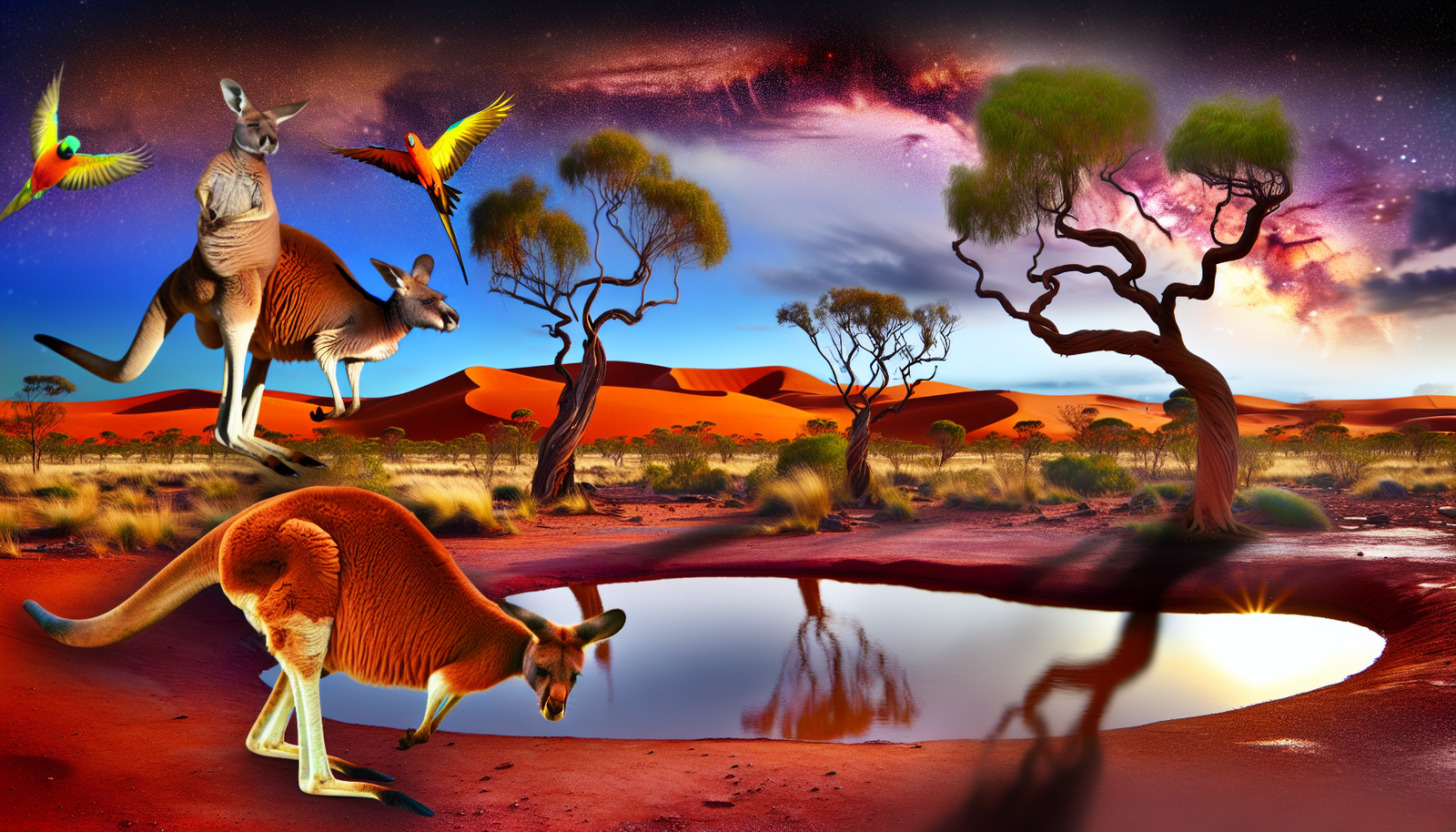 Begeben Sie sich auf ein Abenteuer in der Wildnis des faszinierenden Outbacks Australiens. Stellen Sie sich eine Landschaft vor, die in den warmen Farbtönen der Dämmerung getaucht ist, mit rostfarbenen Sanddünen und eigenartigen, einsamen Bäumen, die von den unermüdlichen Winden geformt wurden. Im Vordergrund lebt eine ökologisch vielfältige Gemeinschaft von Beuteltieren in Harmonie mit dem rauen Terrain, während bunte Papageien auf verdrehten Ästen sitzen. Ein muskulöser Känguru springt durch die Szene, und die idyllische Stille eines Wasserlochs im Outback, das den sternenklaren Nachthimmel widerspiegelt, rundet das Bild ab.
