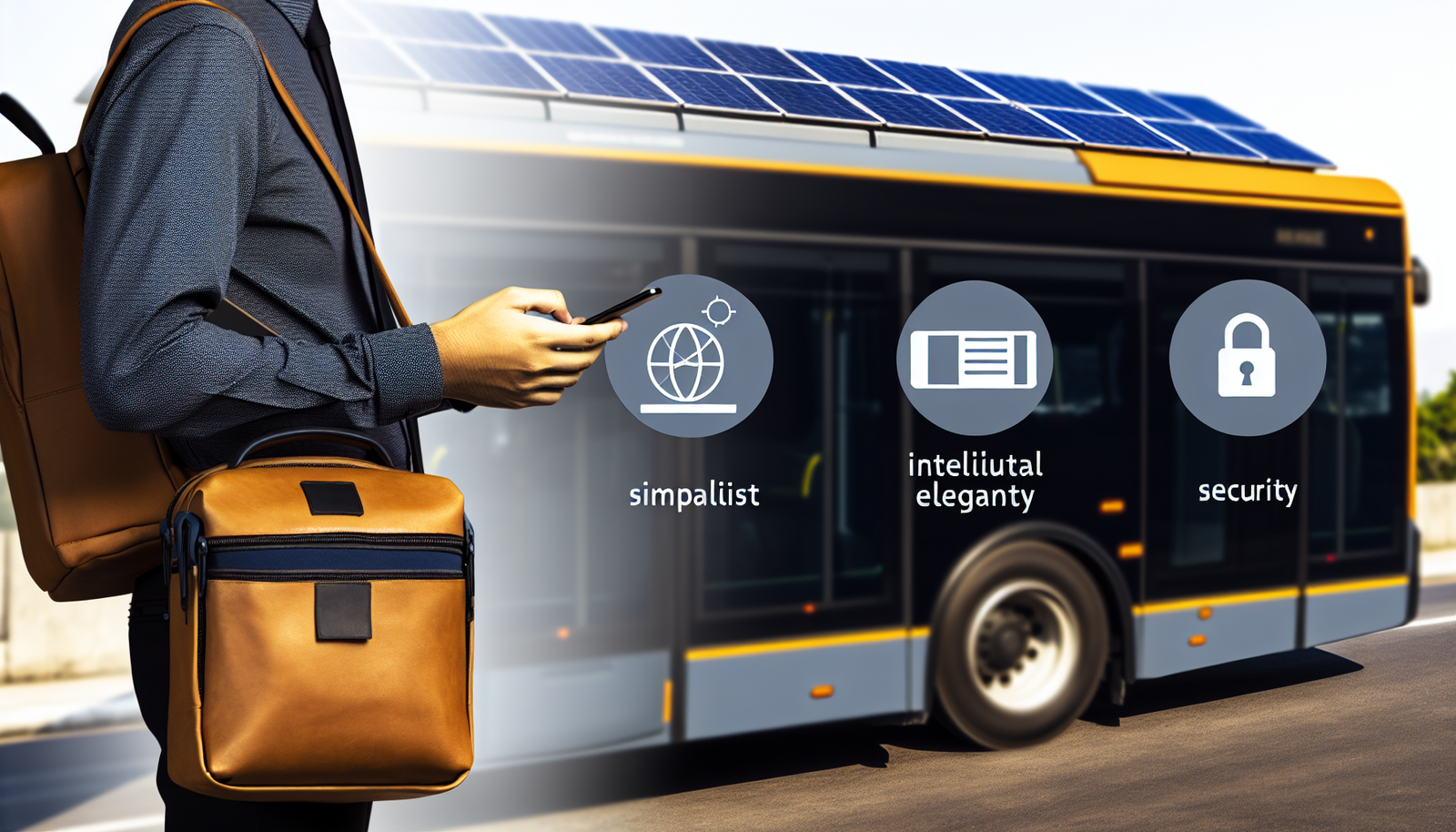 Eine minimalistische, clevere, sichere und nachhaltige Reiseszene. Eine Person mit einer kompakten Reisetasche, die aus recycelbaren Materialien besteht, steht bereit, um in einen solarbetriebenen &Atilde;&para;ffentlichen Bus einzusteigen. Die Szene hebt die Einfachheit, intellektuelle Eleganz und Sicherheitsaspekte umweltbewusster Reisen hervor. Der Reisende, m&Atilde;&curren;nnlich und s&Atilde;&frac14;dasiatischer Abstammung, &Atilde;&frac14;berpr&Atilde;&frac14;ft sorgf&Atilde;&curren;ltig sein digitales Ticket auf seinem Handy und demonstriert damit einen papierlosen Ansatz.