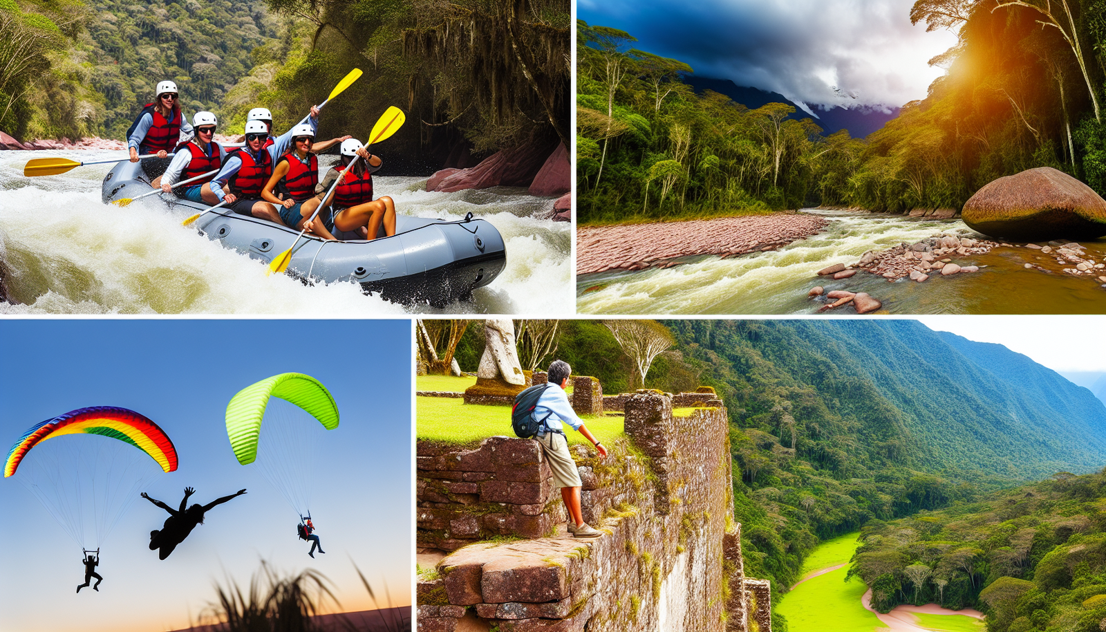 Erleben Sie Action und Adrenalin mit den besten Outdoor-Aktivit&Atilde;&curren;ten in S&Atilde;&frac14;damerika. Stellen Sie sich einen aufregenden Moment beim Wildwasser-Rafting in den hohen Anden vor, eine Gruppe hispanischer Kletterer, die die H&Atilde;&para;hen Patagoniens erklimmt, einen s&Atilde;&frac14;dasiatischen Reisenden, der &Atilde;&frac14;ber die &Atilde;&frac14;ppigen Amazonasw&Atilde;&curren;lder paraglidet, und einen nah&Atilde;&para;stlichen Wanderer, der die geheimnisvollen Ruinen einer pr&Atilde;&curren;kolumbianischen Zivilisation tief im Inkaherz erkundet. Stellen Sie sich eine Szene vor, die von Aktivit&Atilde;&curren;t und Aufregung pulsiert, wo die Sch&Atilde;&para;nheit der Natur auf die Freude am Entdecken trifft, alles vor der weiten und vielf&Atilde;&curren;ltigen Kulisse der Landschaften S&Atilde;&frac14;damerikas.