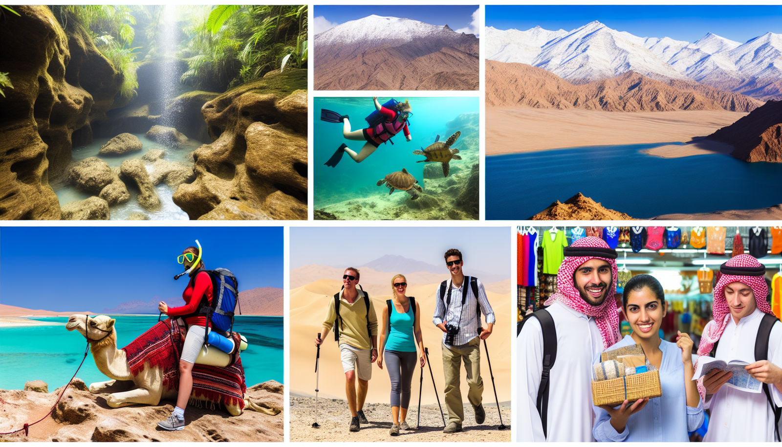 Pr&Atilde;&curren;sentieren Sie die aufregendsten Abenteuerurlaubsdestinationen der Welt. Stellen Sie eine Collage aus verschiedenen Landschaften zusammen, wie tropischen Dschungeln mit reicher Tierwelt, majest&Atilde;&curren;tischen schneebedeckten Bergen, die ideal zum Skifahren sind, ruhigen blauen Ozeanen, die perfekt zum Tauchen geeignet sind, steilen, felsigen Terrain f&Atilde;&frac14;r Wanderungen, weiten W&Atilde;&frac14;sten f&Atilde;&frac14;r Kamelritte und lebhaften lokalen M&Atilde;&curren;rkten, die authentisches Handwerk und Essen anbieten. Denken Sie daran, verschiedene Touristen darzustellen, wie eine hispanische Frau beim Schnorcheln, vier kaukasische M&Atilde;&curren;nner beim Trekking, ein mittel&Atilde;&para;stliches Paar, das eine W&Atilde;&frac14;stensafari genie&Atilde;Ÿt, und eine s&Atilde;&frac14;dasiatische Frau, die auf einem lokalen Markt feilscht.