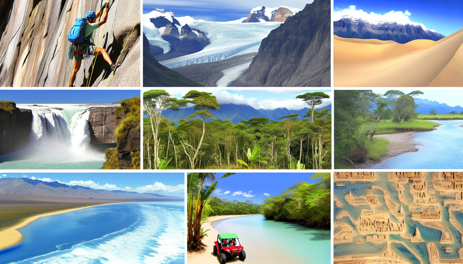 Ein Bild, das einige der aufregendsten Abenteuerurlaubsdestinationen der Welt zeigt. Darunter eine felsige Klippe zum Bergsteigen mit Gletschergipfeln im Hintergrund, eine weite W&Atilde;&frac14;stenlandschaft, die zu einer aufregenden Dune-Buggy-Fahrt einl&Atilde;&curren;dt, ein tropischer Regenwald mit dichter Vegetation und faszinierender Tierwelt, ein schnell flie&Atilde;Ÿender Fluss, der ideal f&Atilde;&frac14;r Wildwasser-Rafting ist, ein weitl&Atilde;&curren;ufiger Ozean mit klarem Wasser zum Tauchen in der Tiefe und eine geheimnisvolle antike Ruine, die darauf wartet, erkundet zu werden. Jedes Ziel sollte in seinem eigenen markanten Abschnitt dargestellt werden, um einen collageartigen Effekt zu erzeugen.