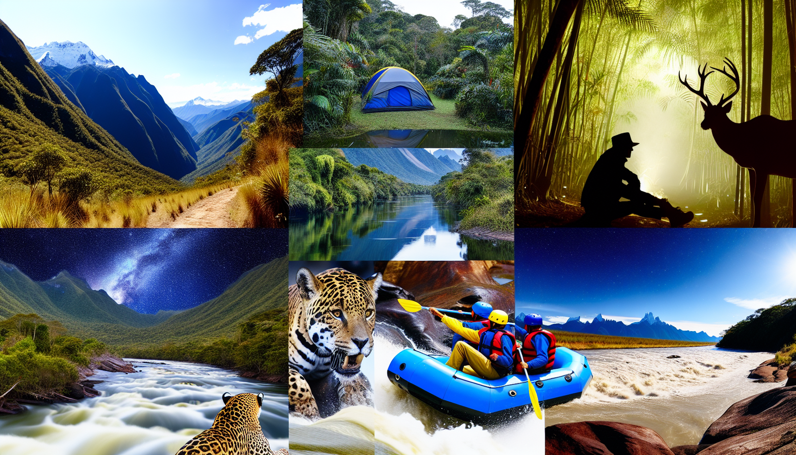 Ein adrenalingeladenes und actionreiches Outdoor-Abenteuer in S&Atilde;&frac14;damerika. Stellen Sie sich vor, Sie wandern auf rauen Bergpfaden, erkunden dichte, lebendige Regenw&Atilde;&curren;lder, fahren mit dem Rafting auf herausfordernden Wildwasserfl&Atilde;&frac14;ssen und campen unter einem sternen&Atilde;&frac14;bers&Atilde;&curren;ten Himmel. Wildtiere wie exotische V&Atilde;&para;gel und pr&Atilde;&curren;chtige Jaguare streifen in der N&Atilde;&curren;he umher und verleihen der Szene ein Element des Nervenkitzels. Die Landschaft wechselt zwischen den mystischen Anden, dem &Atilde;&frac14;ppigen Amazonas und den weiten Pantanal-Feuchtgebieten. Diese visuelle Symphonie sollte die schiere Sch&Atilde;&para;nheit, den Nervenkitzel und die majest&Atilde;&curren;tische Natur der Outdoor-Erlebnisse in S&Atilde;&frac14;damerika einfangen.