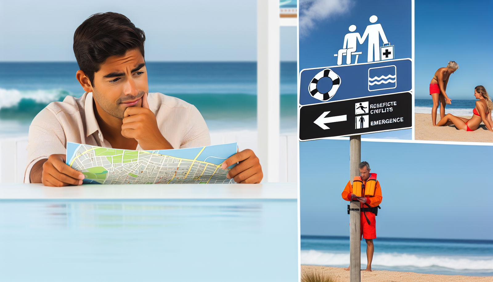Zeigen Sie das richtige Verhalten w&Atilde;&curren;hrend Konflikten und Notf&Atilde;&curren;llen im Urlaub. Stellen Sie sich ein Bild eines ruhigen und gefassten Mannes hispanischer Abstammung vor, der nachdenklich auf eine Zielkarte an einem sonnigen Tag schaut. In der N&Atilde;&curren;he ist eine Rettungsschwimmerin kaukasischer Abstammung zu sehen, die sich um jemanden am Strand k&Atilde;&frac14;mmert. Au&Atilde;Ÿerdem sollte ein Wegweiser mit Informationen dar&Atilde;&frac14;ber, was in Krisen- oder Notf&Atilde;&curren;llen zu tun ist, in mehreren Sprachen dargestellt werden. Integrieren Sie ein Gef&Atilde;&frac14;hl von Dringlichkeit, aber auch von Vorbereitung und Gelassenheit in die gesamte Atmosph&Atilde;&curren;re der Szene.