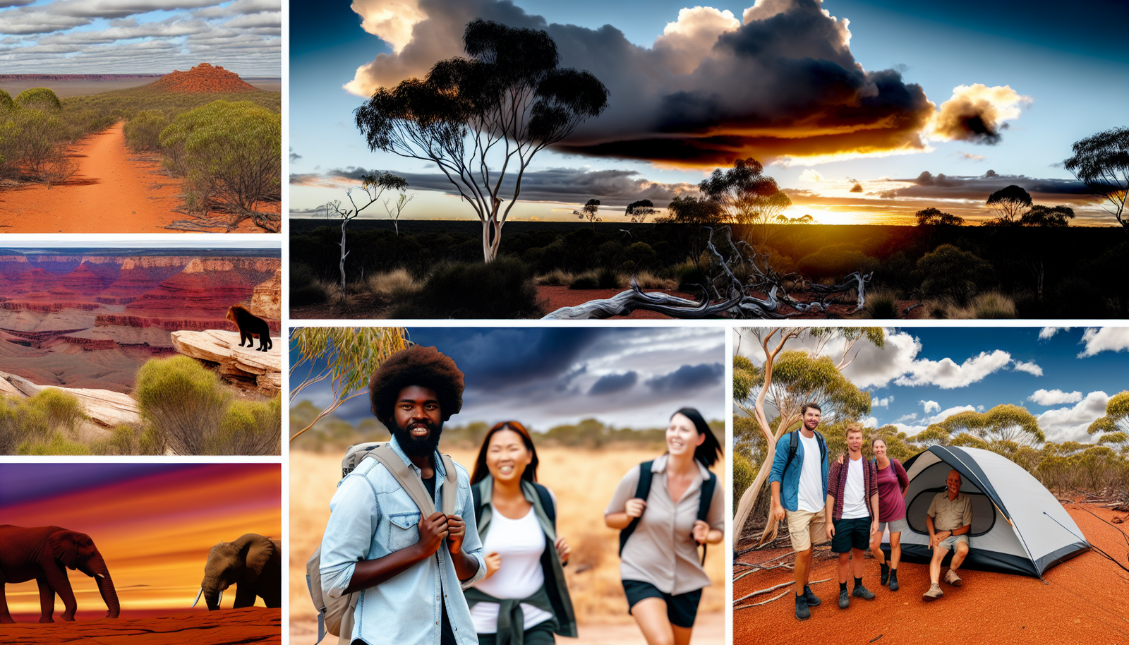 Die Erkundung der Wildnis - fesselnde Outdoor-Erlebnisse in Australien. Ein Bild, das ein Abenteuer im Outback zeigt, mit malerischen Ausblicken auf die trockene W&Atilde;&frac14;ste, Eukalyptusb&Atilde;&curren;ume und eine Vielzahl einheimischer Tierarten. Eine Gruppe von vielf&Atilde;&curren;ltigen Menschen ist beim Trekking, Campen und Erkunden der nat&Atilde;&frac14;rlichen Wunder Australiens zu sehen. Die Gruppe umfasst einen schwarzen Mann, eine s&Atilde;&frac14;dasiatische Frau, einen hispanischen Mann und eine kaukasische Frau. Am Himmel ziehen Wolken vorbei, w&Atilde;&curren;hrend die untergehende Sonne den Horizont in Gold-, Orange- und Rott&Atilde;&para;nen malt.