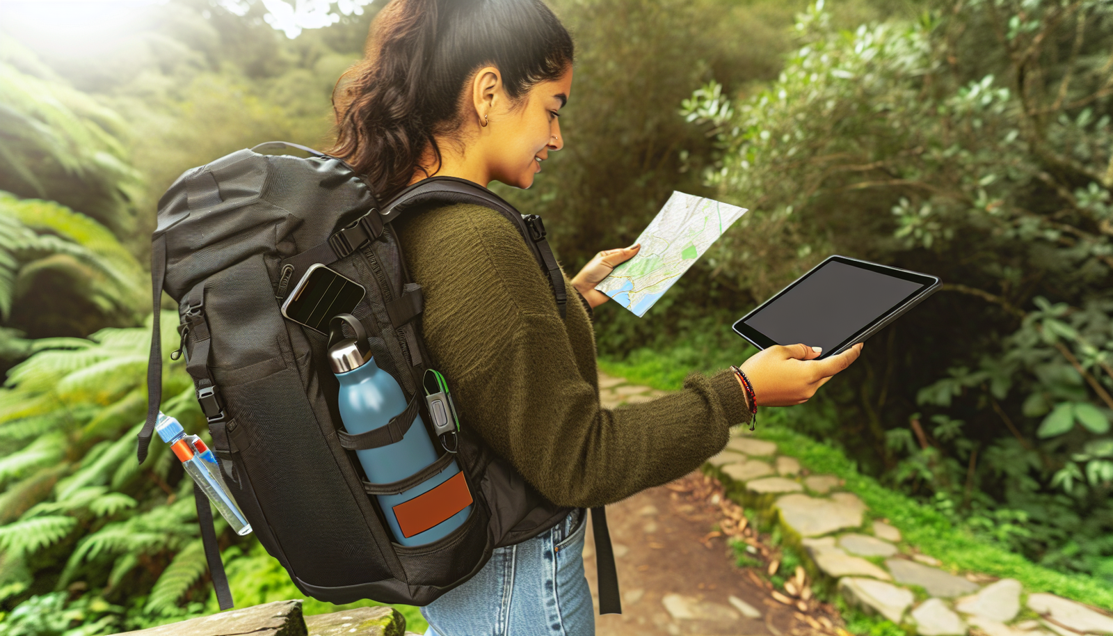 Ein minimalistisches, cleveres, sicheres und nachhaltiges Reiseszenario. Stellen Sie sich einen kompakten, effizienten Reiserrucksack vor, der essentielle Gegenst&Atilde;&curren;nde ordentlich organisiert h&Atilde;&curren;lt. Die Reisende ist eine hispanische Frau, die umweltfreundliche Praktiken anwendet, wie die Verwendung einer wiederverwendbaren Wasserflasche und solarbetriebenen Ger&Atilde;&curren;ten. Sie analysiert sorgf&Atilde;&curren;ltig Karten, um eine sichere Reise zu gew&Atilde;&curren;hrleisten. Die Umgebung ist friedlich, vielleicht ein gut gepflegter Wanderweg, der zeigt, dass ihre Reise keine sch&Atilde;&curren;dlichen Auswirkungen auf die Umwelt hat.