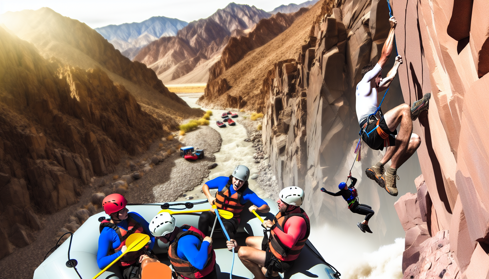 Eine aufregende und intensive Actionszene, die Abenteuerliebhaber zeigt, die sich in Nordamerika in adrenalingeladenen Aktivitäten vergnügen. Dazu gehören Felsklettern in den rauen Landschaften, Wildwasser-Rafting in den tosenden Flüssen, Bungee-Jumping von schwindelerregenden Höhen oder Offroad-Fahren in der Wüste. Die Teilnehmer sind eine Mischung aus männlichen und weiblichen Abenteuerjunkies unterschiedlicher Abstammung, darunter Kaukasier, Hispanics, Schwarze, Menschen aus dem Nahen Osten und Südasien, die alle gleichermaßen in diese waghalsigen Unternehmungen vertieft sind.