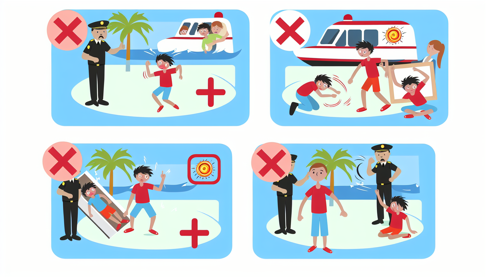 Illustration, die das richtige Verhalten während Konflikten und Notfällen im Urlaub zeigt.