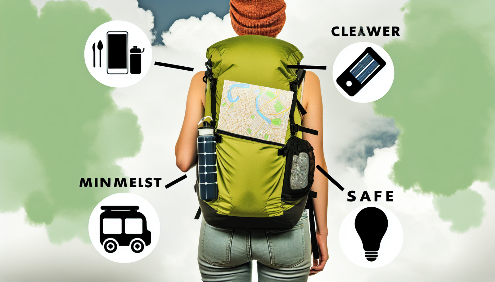 Ein Bild, das das Konzept des minimalistischen, cleveren, sicheren und nachhaltigen Reisens darstellt. Es k&Atilde;&para;nnte eine Person zeigen, die einen kompakten, umweltfreundlichen Rucksack tr&Atilde;&curren;gt und nur das N&Atilde;&para;tigste eingepackt hat. Sie verwendet eine Papierkarte zur Navigation, um die Nutzung elektronischer Ger&Atilde;&curren;te zu reduzieren. Sie trampen oder nutzen ein Fahrrad oder &Atilde;&para;ffentliche Verkehrsmittel, um zu reisen und ihren CO2-Fu&Atilde;Ÿabdruck zu verringern. Eine wiederverwendbare Wasserflasche und ein Solarladeger&Atilde;&curren;t f&Atilde;&frac14;r das Notladen des Handys k&Atilde;&para;nnten aus ihrem Rucksack hervorlugen und ihr Engagement f&Atilde;&frac14;r Nachhaltigkeit symbolisieren. Eine Aura der Sicherheit k&Atilde;&para;nnte durch angemessene Kleidung f&Atilde;&frac14;r das Wetter und die Umgebung dargestellt werden.