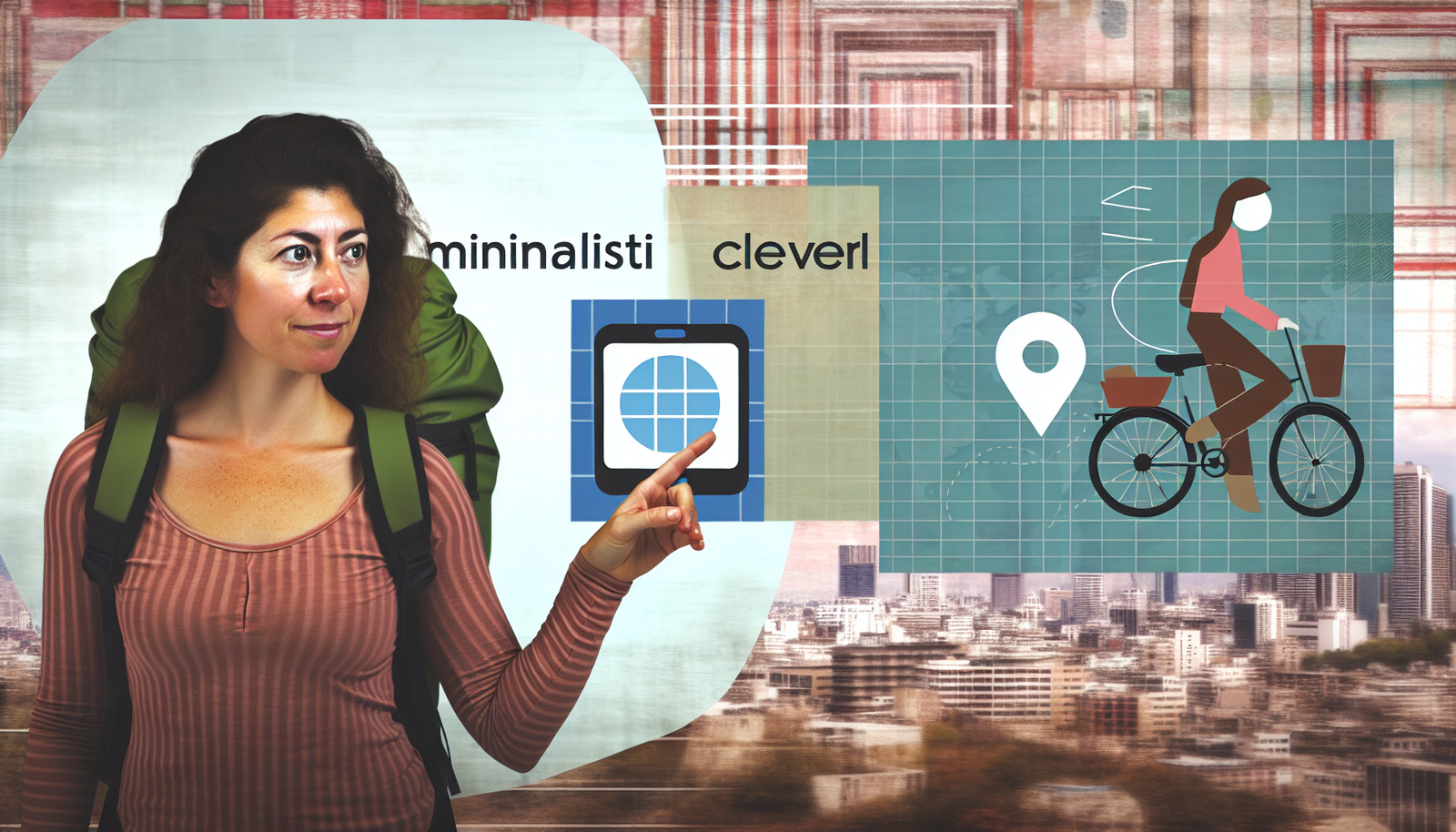 Stellen Sie sich ein Konzept f&Atilde;&frac14;r minimalistisches, cleveres und nachhaltiges Reisen vor. Es k&Atilde;&para;nnte eine Person mit einem kleinen Rucksack zeigen, der nur mit den notwendigsten Gegenst&Atilde;&curren;nden gef&Atilde;&frac14;llt ist, was Minimalismus impliziert. Die Person, eine hispanische Frau, k&Atilde;&para;nnte eine digitale Karte auf einem solarbetriebenen Ger&Atilde;&curren;t nutzen, was den cleveren Einsatz von Technologie darstellt. Au&Atilde;Ÿerdem k&Atilde;&para;nnte sie auf einem Fahrrad fahren oder &Atilde;&para;ffentliche Verkehrsmittel nutzen, was die Nachhaltigkeit symbolisiert. Der Hintergrund k&Atilde;&para;nnte eine pulsierende Stadt zeigen, um umweltfreundliches Reisen in st&Atilde;&curren;dtischen Gebieten zu betonen. Die Farben sollten erdig und neutral sein, um das Thema Nachhaltigkeit zu unterst&Atilde;&frac14;tzen. Das Bild sollte eine Atmosph&Atilde;&curren;re von Sicherheit und Geborgenheit ausstrahlen.