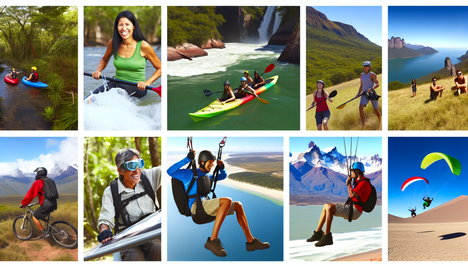 Eine Reihe von Outdoor-Adrenalin-Erlebnissen in S&Atilde;&frac14;damerika. Eine Gruppe vielf&Atilde;&curren;ltiger Menschen, die kaukasischer, hispanischer, schwarzer, nah&Atilde;&para;stlicher, s&Atilde;&frac14;dasiatischer und wei&Atilde;Ÿer Abstammung sind, die jeweils verschiedene Aktivit&Atilde;&curren;ten aus&Atilde;&frac14;ben. Eine Frau s&Atilde;&frac14;dasiatischer Abstammung, die im m&Atilde;&curren;chtigen Amazonasfluss Kajak f&Atilde;&curren;hrt, ein Mann kaukasischer Abstammung, der in den Anden Mountainbike f&Atilde;&curren;hrt, eine nah&Atilde;&para;stliche Frau, die an der K&Atilde;&frac14;ste Brasiliens surft, ein hispanischer Mann, der in der patagonischen Landschaft Paragliding macht, eine schwarze Frau, die im Torres del Paine wandert, und ein wei&Atilde;Ÿer Mann, der durch die &Atilde;&frac14;ppigen Dschungel Costa Ricas Ziplining macht.