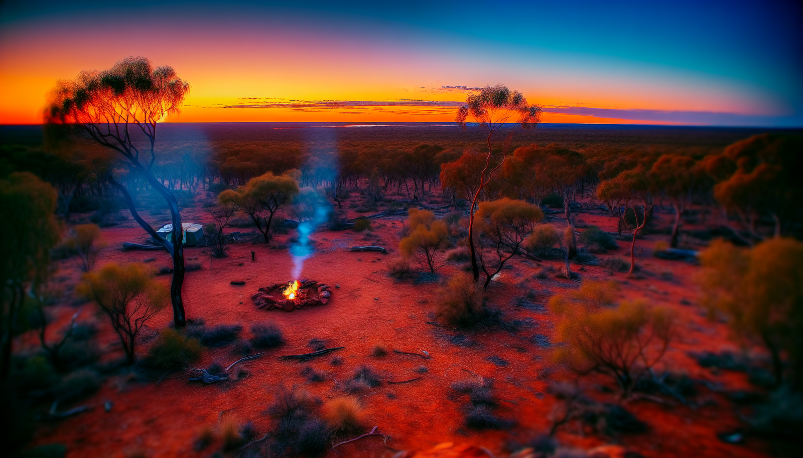 Begib dich auf eine abenteuerliche Reise in die australische Wildnis. Stell dir vor, die Sonne geht unter und taucht die weite, raue Landschaft des Outbacks in einen faszinierenden orangefarbenen Schimmer. Mitten in der unberührten Szenerie entdeckst du einen kleinen Campingplatz mit einem gemütlichen Lagerfeuer, das Rauchfäden in den Dämmerungshimmel aufsteigen lässt. Sieh dir die einzigartige australische Tierwelt an, wie ein Känguru, das in der Ferne umherhüpft, und einen frechen Koalabären, der in einem nahegelegenen Baum Eukalyptusblätter knabbert. Denk daran, diese Szene fängt lebhaft die bezaubernde Schönheit des faszinierenden Outback-Erlebnisses in Australien ein.