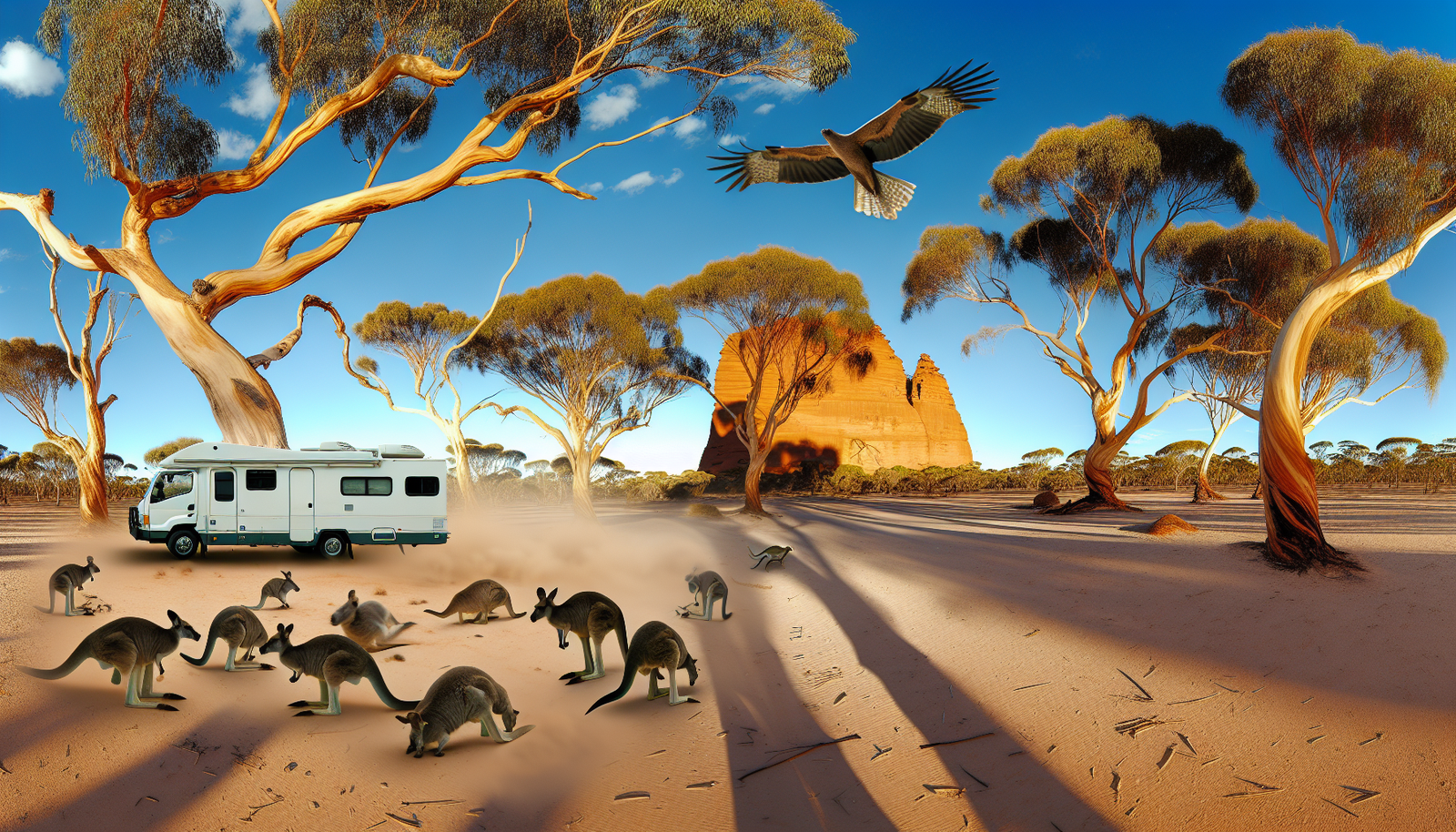 Eine abenteuerliche Reise durch die fesselnde Wildnis des australischen Outbacks. Stellen Sie sich hohe Eukalyptusbäume unter dem weiten blauen Himmel vor, die Sonne wirft lange Schatten über die staubigen Wüstenebenen. Eine Gruppe grauer Kängurus hüpft umher und zerstreut sich in einem Aufruhr, als ein sandfarbener Campervan näherkommt. In der Ferne steht eine von Wind erodierte Felsformation stolz da und offenbart Millionen von Jahren Geschichte. Das Knacken der Zweige hallt wider, während der schleichende Waran sich im Busch bewegt, während ein Wedge-tailed Eagle majestätisch über dem Hintergrund eines untergehenden Sonnenuntergangs schwebt.