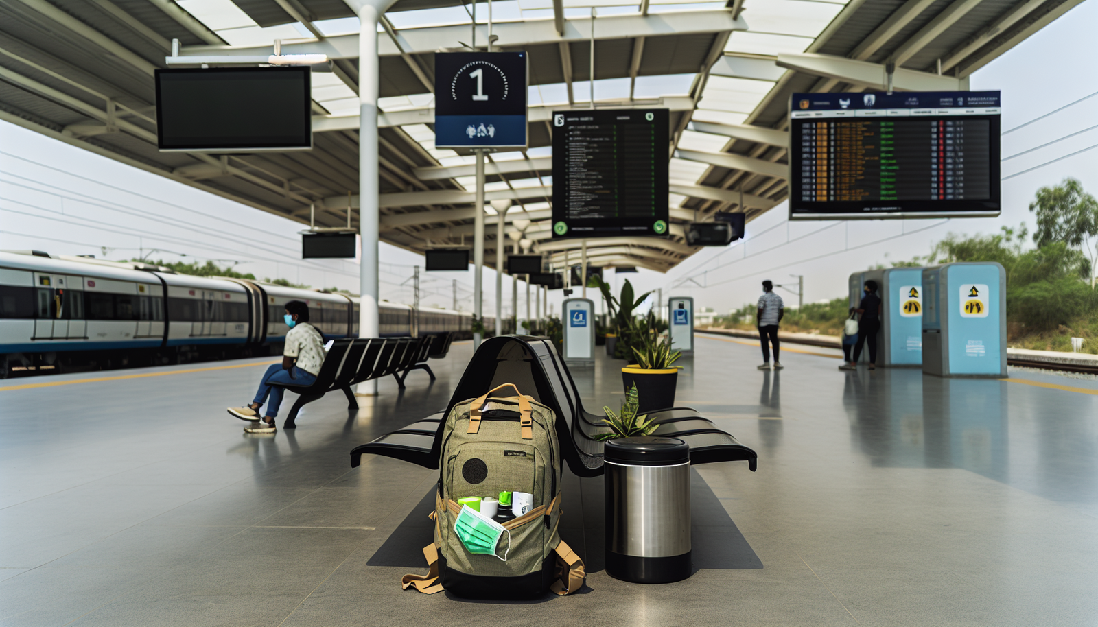 Ein minimalistisches, cleveres, sicheres und nachhaltiges Reiseerlebnis. Ein einzelner Rucksack mit umweltfreundlichen Reiseutensilien, der auf einer Bank an einem sauberen, ruhigen Bahnhof steht. Der Bahnhof verf&Atilde;&frac14;gt &Atilde;&frac14;ber solarbetriebene Lichter, Pflanzen und eine digitale Abfahrtsanzeige, die p&Atilde;&frac14;nktlich fahrende Z&Atilde;&frac14;ge anzeigt. Es gibt M&Atilde;&frac14;lltonnen, die f&Atilde;&frac14;r verschiedene Abfallarten gekennzeichnet sind, um das Recycling zu f&Atilde;&para;rdern. Einige Passagiere unterschiedlicher Herkunft und Geschlechter halten sicheren Abstand, w&Atilde;&curren;hrend sie auf ihre Z&Atilde;&frac14;ge warten und wiederverwendbare Gesichtsmasken zum Schutz tragen. Das Wetter ist klar, und die gesamte Szene spricht von einer effizienten, umweltbewussten Bewegung.