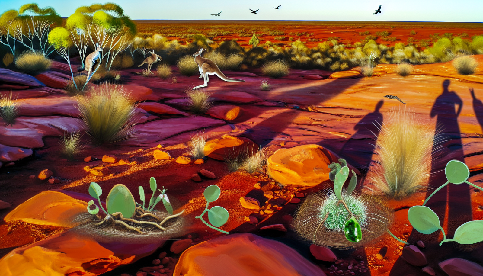 Wage dich in die Wildnis des faszinierenden Outbacks Australiens. Halte die weiten Fl&Atilde;&curren;chen trockener, roter Erde fest, die mit widerstandsf&Atilde;&curren;higen Pflanzen &Atilde;&frac14;bers&Atilde;&curren;t sind, die unter der sengenden Sonne &Atilde;&frac14;berleben. Male einen goldenen Sonnenuntergang, der lange Schatten &Atilde;&frac14;ber das raue Terrain wirft. F&Atilde;&frac14;ge den ikonischen K&Atilde;&curren;nguru hinzu, das in vollem Sprung unterwegs ist, eine Schar von Kakadus, die &Atilde;&frac14;ber dir fliegt, und eine sich schl&Atilde;&curren;ngelnde Schlange, die sich zwischen den Felsen versteckt. Vergiss nicht, der Szene das Gef&Atilde;&frac14;hl von stiller Wunder zu verleihen, das dieses abgelegene, ungez&Atilde;&curren;hmte Land durchdringt.