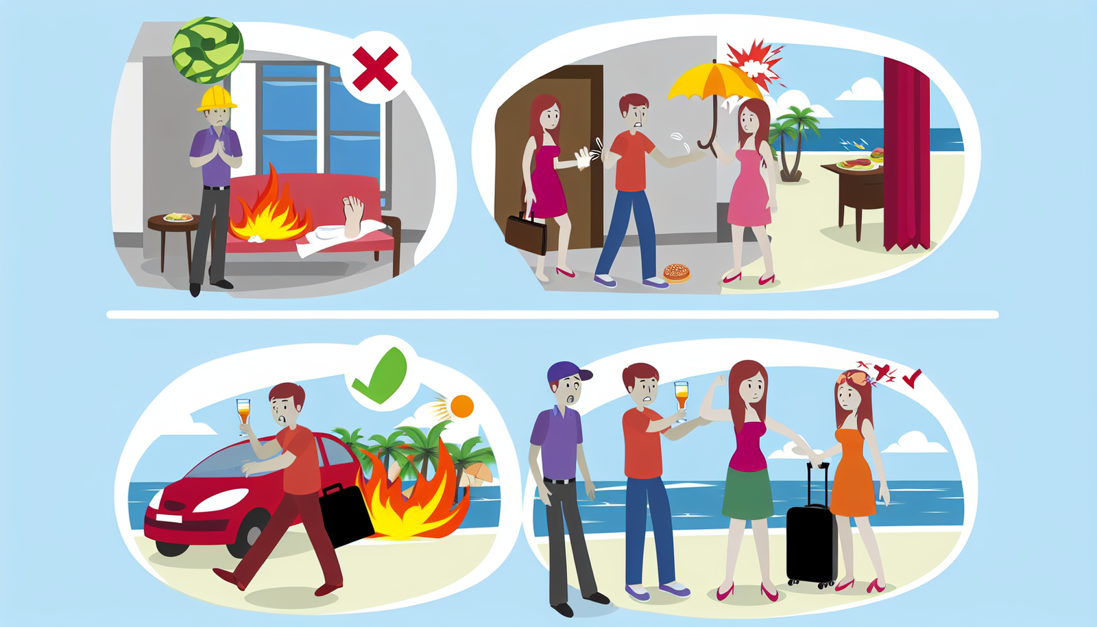 Illustration von angemessenem Verhalten während Konflikten und Notfällen im Urlaub.