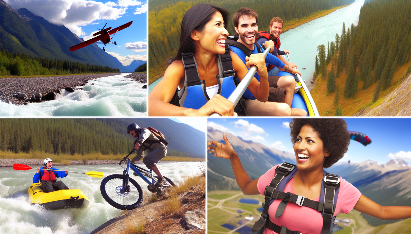 Aufregung und Action - Abenteuer für Adrenalinjunkies in Nordamerika. Eine atemberaubende Landschaft mit schroffen Bergen, endlosen Wäldern und rauschenden Flüssen, die voller Möglichkeiten für actionreiche Aktivitäten ist. Stellen Sie sich eine vielfältige Gruppe von Nervenkitzel-Suchenden vor: eine hispanische Frau, die geschickt ein Wildwasserboot steuert, ein schwarzer Mann, der mutig auf rauem Gelände Mountainbike fährt, neben einem mittelöstlichen Mann, der geschickt Felsen erklimmt, und einer kaukasischen Frau, die aus einem Flugzeug darüber Fallschirmspringen geht. In der Ferne ein Campingplatz, wo eine lebhafte südasiatische Frau eine herzhafte Mahlzeit zubereitet, um die Abenteurer wieder aufzuladen. Das Abenteuer, die Schönheit und die Kameradschaft der Natur in Nordamerika festhaltend.