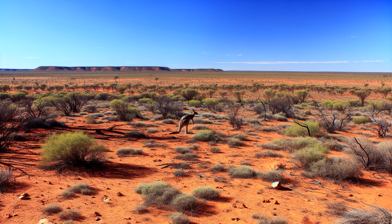 Abenteuer in der Wildnis - Australiens faszinierende Outback-Erlebnisse. Stellen Sie sich eine weite, karge W&Atilde;&frac14;stenlandschaft vor, die sich bis zum Horizont erstreckt. Ein wolkenloser, azurblauer Himmel bedeckt die Erde, w&Atilde;&curren;hrend die unerbittliche australische Sonne herabstrahlt und scharfe Schatten wirft. Die Vegetation ist sp&Atilde;&curren;rlich, obwohl resistente Str&Atilde;&curren;ucher in kleinen Gruppen bestehen bleiben und dem ockerfarbenen Terrain gr&Atilde;&frac14;ne Farbtupfer hinzuf&Atilde;&frac14;gen. Ein K&Atilde;&curren;nguru bewegt sich heimlich durch das Buschland, die Augen wachsam auf jede Gefahr gerichtet. In der Ferne bildet eine Reihe von Bergk&Atilde;&curren;mmen einen starken Kontrast zum klaren Himmel. Das Bild ist eines pr&Atilde;&curren;chtigen Isolation, ein Denkmal f&Atilde;&frac14;r die raue Sch&Atilde;&para;nheit des australischen Outbacks.