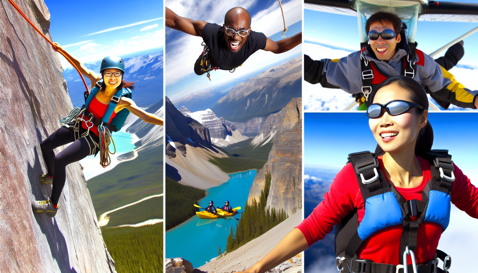 Adrenalin und Action - Abenteuer für Adrenalinjunkies in Nordamerika. Stellen Sie sich eine lebendige Szene extremer Outdoor-Aktivitäten vor. Eine ostasiatische Frau, die an einer rauen Bergkette klettert, ein schwarzer Mann, der einen turbulenten Fluss mit dem Kajak hinunterfährt, und eine hispanische Frau, die aus einem kleinen Flugzeug hoch über dem vielfältigen Terrain springt. Ihre Gesichtsausdrücke zeigen Entschlossenheit und Nervenkitzel und verkörpern den Geist des Abenteuers. Das umliegende Panorama umfasst die weiten Wälder, glitzernden Seen und majestätischen Berge unter dem klaren blauen Himmel Nordamerikas.