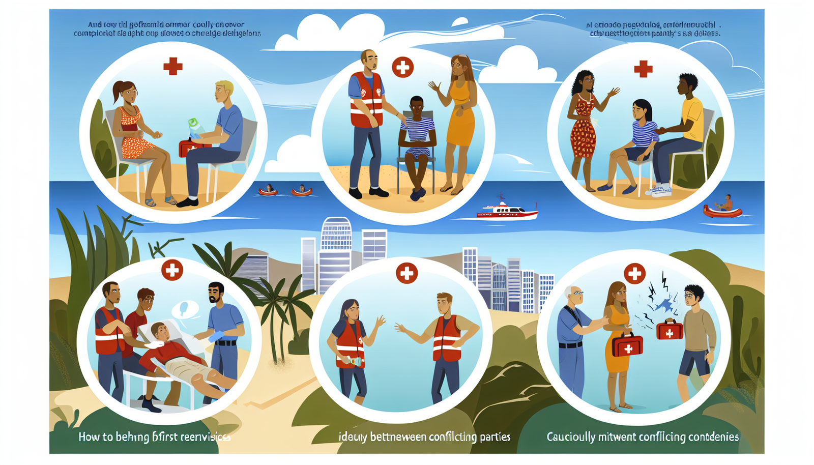 Ein illustrativer Leitfaden, wie man sich w&Atilde;&curren;hrend Konflikten und Notf&Atilde;&curren;llen im Urlaub richtig verh&Atilde;&curren;lt. Im Vordergrund eine vielf&Atilde;&curren;ltige Gruppe von Touristen, darunter eine kaukasische Frau, ein asiatischer Mann, eine schwarze Frau und ein hispanischer Mann, die ruhig und effektiv mit verschiedenen Szenarien umgehen. Zum Beispiel leistet eine Person Erste Hilfe, eine andere vermittelt zwischen konfliktierenden Parteien, w&Atilde;&curren;hrend eine weitere vorsichtig mit widrigen Wetterbedingungen umgeht. Die Szene spielt sich in einer typischen Urlaubsumgebung ab, wie zum Beispiel an einem Strand, auf einem Bergwanderweg oder in einer lebhaften Stadtlandschaft.