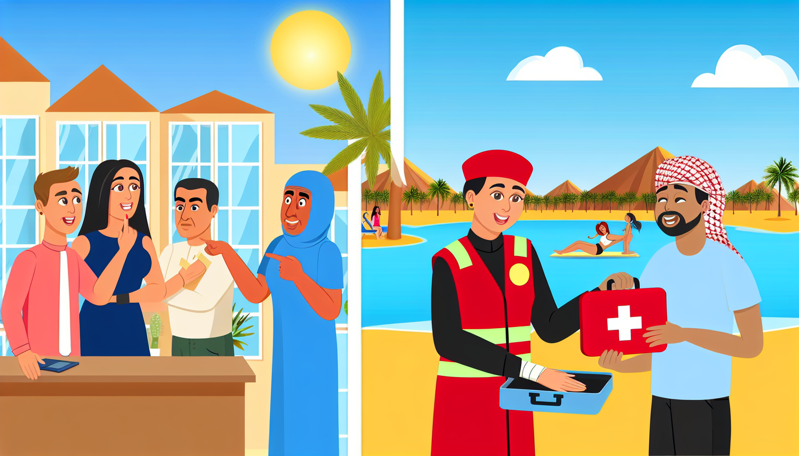 Eine Illustration, die das richtige Verhalten w&Atilde;&curren;hrend Konflikten und Notf&Atilde;&curren;llen im Urlaub zeigt. Auf der einen Seite des Bildes ist eine kaukasische Frau zu sehen, die ruhig kommuniziert und einen Streit mit einem s&Atilde;&frac14;dasiatischen Hotelangestellten l&Atilde;&para;st. Auf der anderen Seite behandelt ein mittel&Atilde;&para;stlicher Mann mit einem Erste-Hilfe-Kasten eine kleine Verletzung w&Atilde;&curren;hrend einer abenteuerlichen Aktivit&Atilde;&curren;t. Der Hintergrund zeigt ein sonniges Reiseziel.