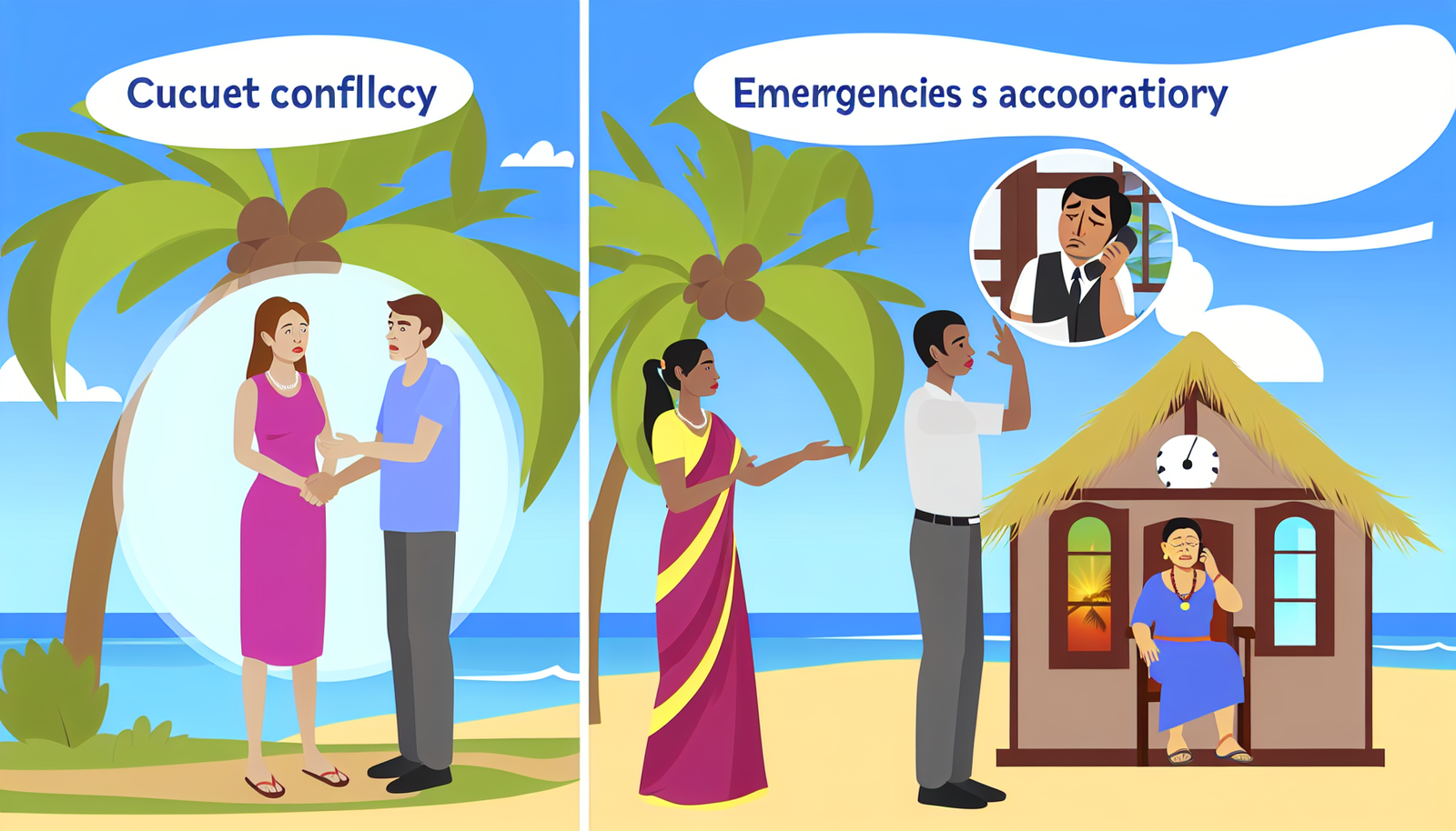 Eine Illustration, die das richtige Verhalten w&Atilde;&curren;hrend Konflikten und Notf&Atilde;&curren;llen im Urlaub zeigt. Die Szene zeigt eine kaukasische Frau, die ruhig einen Konflikt mit einem Reiseleiter anspricht und dabei effektive Kommunikation demonstriert. Weiter in der Szene ist ein s&Atilde;&frac14;dasianischer Mann zu sehen, der ruhig die lokalen Beh&Atilde;&para;rden w&Atilde;&curren;hrend eines Notfalls mit einem Telefon kontaktiert. Der Hintergrund besteht aus einer tropischen Strandkulisse mit klarem blauen Himmel und Kokospalmen.