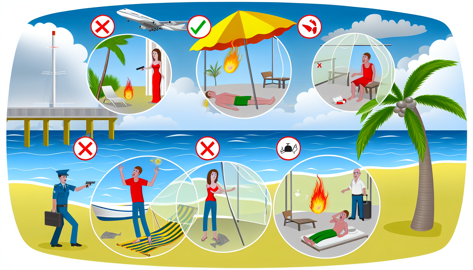 Illustration, die das richtige Verhalten w&Atilde;&curren;hrend Konflikten und Notf&Atilde;&curren;llen im Urlaub darstellt.